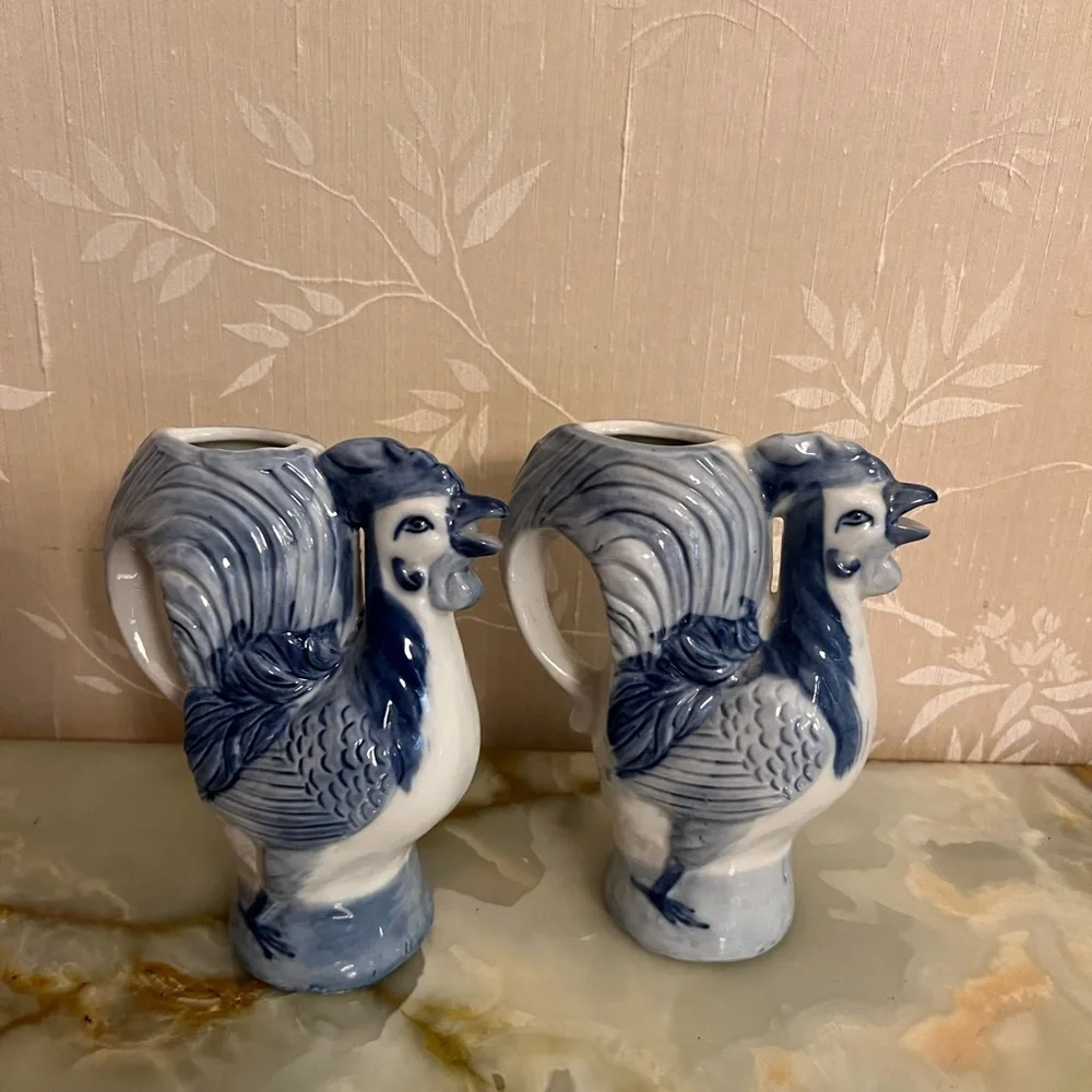 Vintage Blue & White Ceramic Rooster Pitcher or Vase
